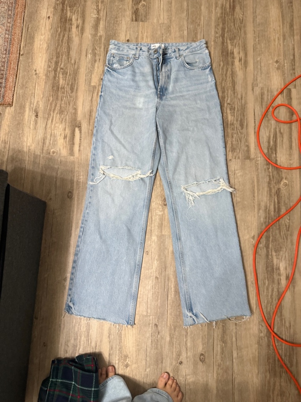 Zara Light Blue Distressed Wide-Leg Jeans